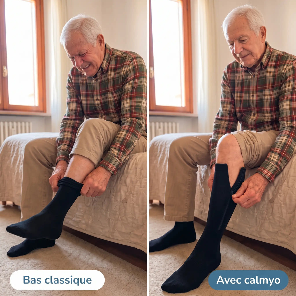 Comparaison de l'enfilage d'un bas classique et d'un bas zippé Calmyo