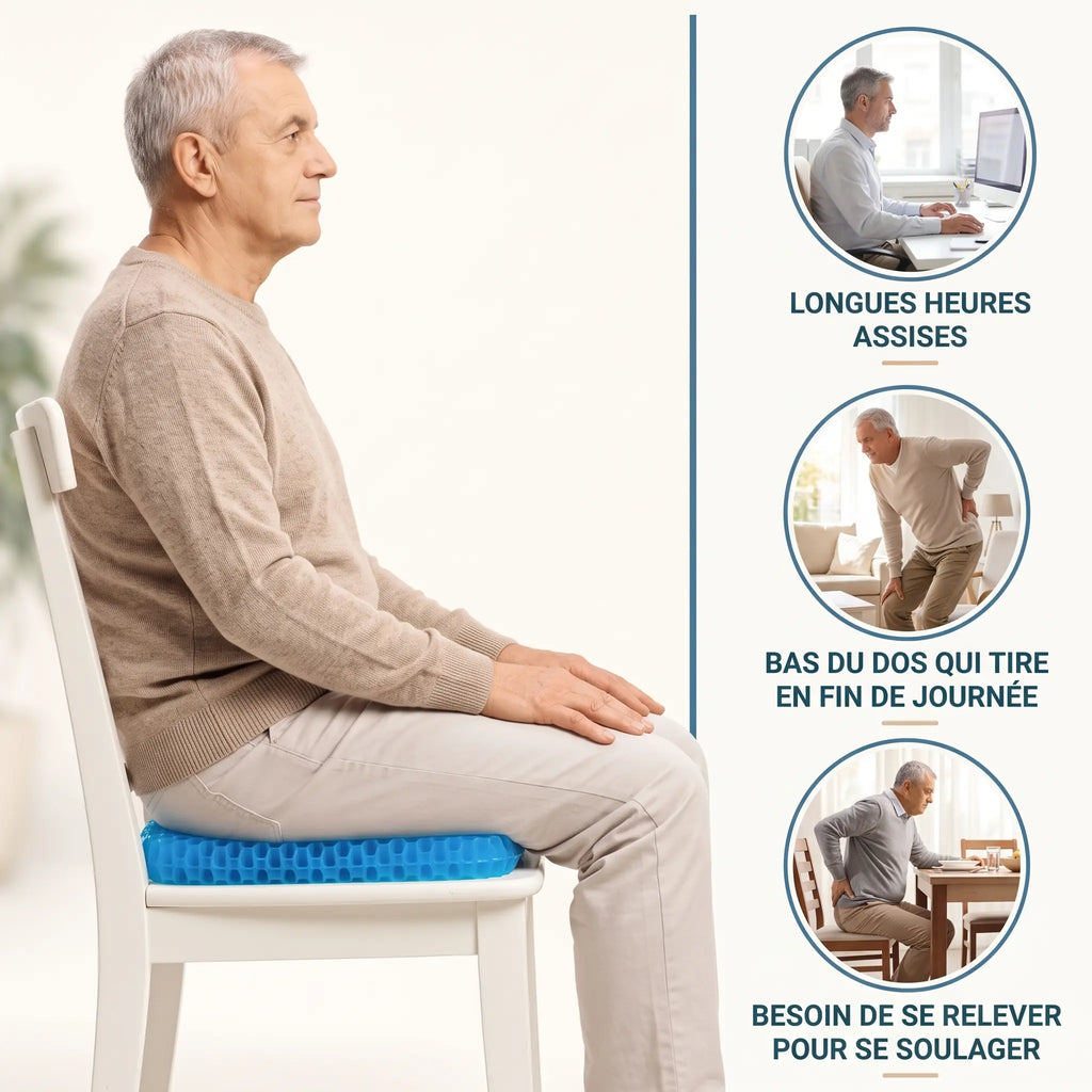 Coussin en gel Calmyo installé sur une chaise de bureau