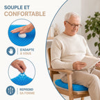 Le coussin en gel Calmyo posé sur une chaise, et le gel qui s'adapte puis reprend sa forme