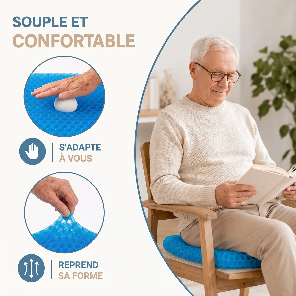 Le coussin en gel Calmyo posé sur une chaise, et le gel qui s'adapte puis reprend sa forme